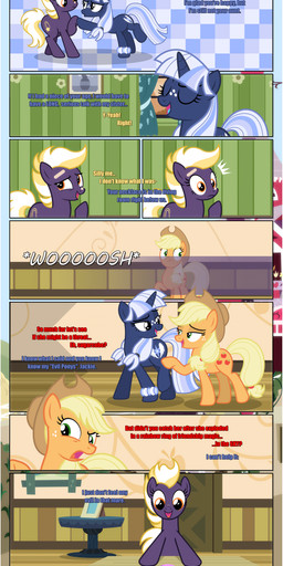 band-aid bandage bangs border clothing cowboy_hat cutie_mark dialogue eyes_closed farm female female/female feral freckled_face freckles furniture green_eyes grey_eyes group hat headgear headwear horn inside married motion_lines orange_eyes orb raised_leg suspicious sweet_apple_acres table text trio upstairs white_border wide_eyed wife wife_and_wife estories friendship_is_magic hasbro my_little_pony mythology applejack_(mlp) silverlay_(estories) wildheart_(estories) earth_pony equid equine horse mammal mythological_creature mythological_equine pony unicorn absurd_res comic english_text hi_res