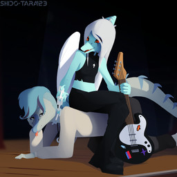 all_fours annoyed anthro bass_guitar blue_body blue_scales chain clothing duo eyeshadow feathers grey_body grey_hair grey_scales guitar hair half-shaved_head jewelry long_hair makeup male musical_instrument piercing plucked_string_instrument scales string_instrument tail tongue tongue_out tongue_piercing conditional_dnp shido-tara goodbye_volcano_high ko_op_(game_developer) fang_(gvh) nick_(gvh) baryonyx dinosaur prehistoric_species pterosaur reptile saurischian scalie spinosaurid theropod 1:1 2023 digital_media_(artwork) hi_res