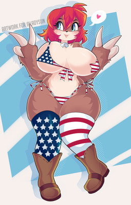 american_flag_bikini american_flag_thigh_highs anthro bikini blue_eyes boots clothing cowboy_boots double_v_sign eyelashes female flag_bikini flag_swimwear footwear gesture hair hand_gesture heart_symbol holidays neckwear pasties red_hair shoes side-tie_bikini solo string_bikini swimwear two-piece_swimsuit v_sign onigiri_punch 4th_of_july mammal pilosan sloth xenarthran absurd_res hi_res