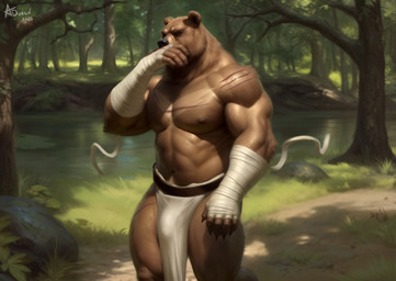 abs anthro bandage bandaged_arm biceps black_nose bottomwear brown_body brown_fur bulge clothed clothing day deltoids detailed_bulge fur genital_outline grass loincloth male male_anthro muscular muscular_anthro muscular_male navel nipples pecs penis_outline plant rock scar solo standing topless tree water white_bottomwear white_clothing white_loincloth aduran bear mammal hi_res