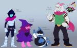 alternate_costume alternate_universe ambiguous_gender armor barefoot belt bodily_fluids boots bovid caprine chibi clothed clothing clothing_swap darkner deltarune deltaswap eyewear feet female footwear fully_clothed glasses goat group hat headgear headwear horn human kris_(deltarune) lancer_(deltarune) male mammal melee_weapon meow-wows polearm ralsei robe rudinn scalie scarf scythe shoes susie_(deltarune) sweat sweatdrop undertale_(series) weapon witch_hat