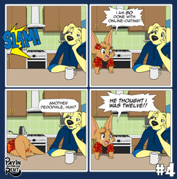 anthro blue_clothing blue_hoodie blue_topwear bodily_fluids clothed clothed_anthro clothed_male clothing collared_shirt crying dialogue duo fully_clothed fully_clothed_anthro fully_clothed_male hoodie humor kitchen male male_anthro page_number shirt sitting tears text topwear ariesartist ben_(ariesartist) roger_(ariesartist) bird_dog canid canine canis domestic_dog fennec_fox fox hunting_dog labrador mammal retriever true_fox alpha_channel comic english_text hi_res