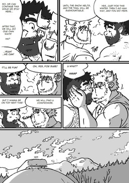 5_fingers anthro beard biceps big_muscles blush body_hair chest_hair clothed clothing cloud day detailed_background dialogue duo ear_piercing ellipsis exclamation_point eye_contact eyes_closed facial_hair facial_piercing fangs fingers forest fully_clothed fur hair hairy half-closed_eyes heart_symbol horn humanoid_pointy_ears kissing landscape light looking_at_another male male/male manly mountain muscular muscular_male narrowed_eyes nature nose_piercing nose_ring outside piercing plant pointy_ears question_mark ring_piercing septum_piercing side_view sky skyscape smile sound_effects speech_bubble standing surprise_kiss surprised teeth text tree tusks husky92 european_mythology greek_mythology mythology bovid bovine humanoid mammal minotaur orc cel_shading comic english_text greyscale hi_res monochrome multiple_scenes shaded