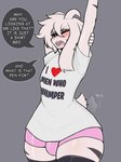 anthro asriel_dreemurr_(god_form) biped boss_monster_(undertale) bovid bulge caprine clothed clothing dialogue english_text femboy fur goat hi_res male mammal oro97 short_tail solo speech_bubble tail tail_motion tailwag text thick_thighs undertale undertale_(series) white_body white_fur