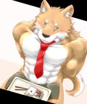 anthro belly blush bone bone_in_mouth bound chopsticks food green_eyes hands_behind_back kemono male moobs muscular muscular_anthro muscular_male naturally_censored necktie nipples simple_background sitting solo towel white_belly misokemo canid canine canis domestic_dog mammal 5:6