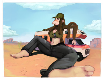 5_fingers 5_toes anthro barefoot belt beverage big_breasts biped boots border bottle bottomwear breasts brown_body brown_fur brown_hair buckteeth cactus can choker cleavage clothed clothing cloud colored_nails container crop_top day denim denim_bottomwear denim_clothing desert ear_piercing eyewear feet female female_anthro fingers footwear freckled_chest freckled_face freckles fur green_eyes green_nails hair hand_on_hip hat headgear headwear holding_beverage holding_bottle holding_container holding_object jeans jewelry looking_at_viewer lounging macro macro_anthro macro_female midriff nails navel necklace outside pants piercing plant recreational_vehicle shirt shoes sitting slightly_chubby soles solo spread_legs spreading sun sunglasses sunglasses_on_shirt tail teeth texas toes topwear white_border kaldelic aarin_(redustheriotact) haplorhine mammal monkey primate 2025 colored hi_res