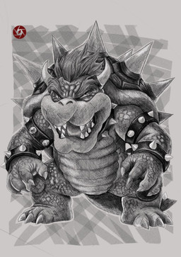 3_toes anthro armband armwear bracelet claws clothing collar duo feet gesture hair hand_gesture horn jewelry male scales sharp_teeth shell smile spiked_shell spikes spikes_(anatomy) teeth thong thumbs_up toe_claws toes underwear nowiart mario_bros nintendo bowser koopa mammal scalie hi_res line_art sketch