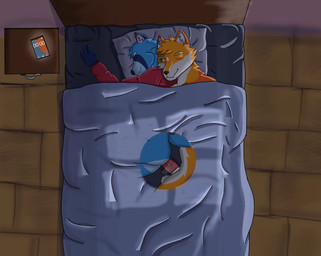 animal_genitalia animal_penis anthro balls blue_body blue_fur canine_genitalia canine_penis cellphone cuddling duo electronics fur genitals male male/male night orange_body orange_fur penis phone sex sleep_sex sleeping spooning under_covers ruby_wf canid canine canis fox hybrid mammal procyonid raccoon wolf absurd_res hi_res