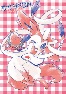 ambiguous_gender blue_eyes blush blush_lines bow_(anatomy) burger feral food fur one_eye_closed pattern_background paws pink_body pink_fur ribbons_(anatomy) simple_background solo tail text tongue tongue_out white_body remedy0308 nintendo pokemon eeveelution generation_6_pokemon pokemon_(species) sylveon 2025 english_text hi_res painting_(artwork) signature watercolor_(artwork)