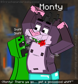 anthro armpit_fetish armpit_sniffing dialogue duo feral flower flower_in_mouth horn looking_at_another male male/male musk navel nipples plant rose_(flower) rose_in_mouth seductive slightly_chubby slightly_chubby_anthro slightly_chubby_male sniffing text srirachamander microsoft minecraft mojang xbox_game_studios monty_(srirachamander) creeper_(minecraft) hybrid english_text hi_res