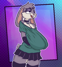 abstract_background anthro belly bottomwear breasts choker cleavage clothed clothing curvy_figure female gloves gradient_background half-closed_eyes handwear jewelry legwear looking_at_viewer narrowed_eyes necklace outline oversized_clothing simple_background skirt smug solo standing sweater thigh_highs three-quarter_view topwear ircluzar violet_bunny lagomorph leporid mammal rabbit colored digital_media_(artwork) hi_res pixel_(artwork) shaded