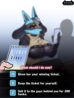 alternative_fashion anthro big_breasts black_body black_bottomwear black_clothing black_fur black_shorts blue_body blue_fur bottomwear breasts chest_spike choice clothed clothing collar crop_top date denim denim_bottomwear denim_clothing dialogue disappointed duo ear_piercing female fur goth huge_breasts jacket jeans lottery makeup male offscreen_character open_clothing open_jacket open_topwear pants piercing red_eyes shirt shorts spikes spikes_(anatomy) text thick_thighs topwear tube_top wide_hips yellow_body yellow_fur wittlemoew nintendo pokemon lousia_(wittlemoew) generation_4_pokemon human lucario mammal pokemon_(species) 2026 comic digital_media_(artwork) english_text hi_res