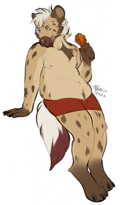 anthro belly big_belly blue_sclera bottomwear brown_body brown_ears brown_fur clothed clothing food fur glistening glistening_eyes green_eyes hair holding_food holding_object licking licking_lips licking_own_lips male narrowed_eyes nipples overweight overweight_anthro overweight_male red_body red_bottomwear red_clothing red_eyes red_fur red_nose red_tail red_tongue self_lick simple_background solo tail tan_body tan_fur three-quarter_view tongue tongue_out topless white_background white_body white_fur white_hair white_tail famir hyena mammal 2020 dated full-length_portrait hi_res portrait signature