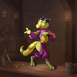 accessory ambiguous_gender anthro bar barrel candle clothed clothing coin container cup dancing furgonomics gold_(metal) gold_coin inside jewelry knife mug skimpy tail tail_accessory tail_jewelry tavern tamlin123 human kobold mammal scalie 1:1 hi_res