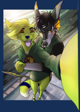 anthro bridge_piercing camera duo ear_fins facial_piercing female fin holding_camera holding_object hug hugging_another hugging_from_behind male male/female markings nose_piercing orange_markings photo piercing selfie shark_tail smile archery_(artist) rick_marks tanzuka aquatic canid canine fish fox hybrid mammal shark alpha_channel hi_res