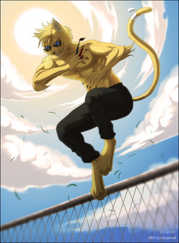 4_toes 5_fingers anthro barefoot biped blue_eyes clothed clothing day detailed_background digitigrade eyewear feet fingers glasses grin outside sky smile solo sun toes topless grypwolf domestic_cat felid feline felis mammal 2011 digital_drawing_(artwork) digital_media_(artwork) hi_res