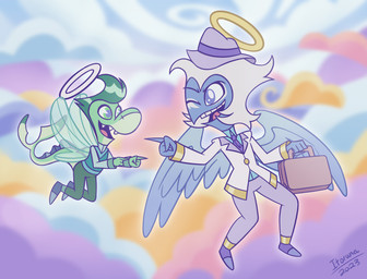 anthro blue_body blue_eyes blue_skin briefcase clothing duo feathered_wings feathers finger_gun gesture green_body green_eyes green_hair hair halo hand_gesture hat headgear headwear male membrane_(anatomy) membranous_wings one_eye_closed pointing sharp_teeth size_difference smile tail teeth wings wink itoruna hellaverse helluva_boss chazwick_thurman crimson_(helluva_boss) angel angel_humanoid aquatic fish humanoid shark colored hi_res
