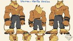 5_toes barazoku barefoot big_feet bottomwear clothing feet leather leather_bottomwear leather_clothing leather_pants male mane muscular muscular_male pants solo text toes rickleone bandai_namco digimon digimon_(species) felid leomon lion mammal pantherine himbo english_text hi_res model_sheet