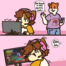 anthro clothed clothing computer_monitor duo electronics female fur hair headgear headphones male open_mouth shirt simple_background smile t-shirt text topwear katlovesshrimp bugsnax young_horses bramble_(katlovesshrimp) bobtail_cat cricetid domestic_cat felid feline felis hamster japanese_bobtail mammal rodent 1:1 comic digital_media_(artwork) english_text
