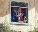 blue_eyes blue_eyeshadow detailed_background eyelashes eyeshadow eyewear female feral glasses glowing hair horn magic makeup outside plant plant_pot potted_plant purple_hair solo window rodrigues404 friendship_is_magic hasbro my_little_pony mythology rarity_(mlp) equid equine mammal mythological_creature mythological_equine unicorn 2017