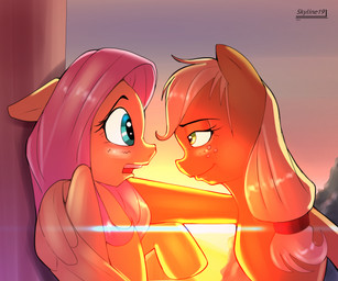 bedroom_eyes big_eyes blonde_hair blue_eyes blush duo eye_contact feathered_wings feathers female feral freckles fur green_eyes hair half-closed_eyes lens_flare looking_at_another narrowed_eyes naughty_face orange_body orange_fur outside pink_hair seductive side_view sky smile sunset wings yellow_body yellow_feathers skyart301 friendship_is_magic hasbro my_little_pony mythology applejack_(mlp) fluttershy_(mlp) earth_pony equid equine horse mammal mythological_creature mythological_equine pegasus pony 2012 hi_res