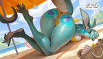 2023 anthro argo_(kalivero) ass_up beach beach_umbrella big_butt bikini blue_body blue_eyes blue_scales bonifasko breasts butt claws clothing cobra english_text feet female inviting looking_at_viewer looking_back looking_back_at_viewer non-mammal_breasts outside parasol rear_view reptile sand scales scalie seaside smile snake snake_hood soles solo swimwear text toe_claws toes