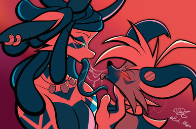 after_kiss anthro bedroom_eyes blush bodily_fluids dreadlocks duo ear_piercing eye_contact finger_on_chin french_kissing glowing glowing_eyes hand_on_neck horn jewelry kissing long_tongue looking_at_another looking_pleasured male male/male narrowed_eyes necklace pecs piercing saliva saliva_on_tongue saliva_string seductive tongue birb_allegro garrett_(birb_allegro) demon giraffe giraffid hyena mammal absurd_res hi_res
