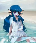 2016 anthro beach blue_hair blush breasts canid canine canis clothing detailed_background domestic_dog female hair hybrid kemono mammal marine outside panties panty_shot sand seaside shy sky small_breasts solo sunnynoga tubukal_(character) underwear water