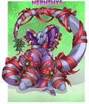 2023 5_fingers anthro big_breasts big_tail biped blue_eyes bow_ribbon breasts fangs female fingers fsmaverick gauged_snake_hood gift_wrapped hi_res holly_(plant) holly_on_tail huge_breasts huge_tail kneeling long_tail nephthys_(aelan) plant pose reptile scalie seductive snake snake_hood solo tail teeth thick_tail