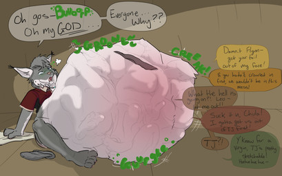 ambiguous_gender anthro belly big_belly clothed clothing dialogue fatal_vore female group ill jewelry leaning leaning_backward male male/female male/male nausea open_mouth simple_background sitting speech_bubble vore conditional_dnp humgeronimo echo_(game) echo_(series) echo_project carl_hendricks chase_hunter flynn_moore heather_(echo) jenna_begay leo_alvarez tj_hess felid feline lynx mammal absurd_res hi_res