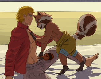 alcohol anthro beverage bottle bottomwear brown_body brown_fur clothed clothing container drunk duo eye_contact feet fingers fur hair holding_bottle holding_container holding_object human_on_anthro interspecies larger_human looking_at_another male male/male open_clothing open_shirt open_topwear overalls pants shirt size_difference smaller_anthro smile substance_intoxication tail topwear whiskey whiskey_bottle cashart guardians_of_the_galaxy marvel peter_quill rocket_raccoon human mammal procyonid raccoon absurd_res digital_media_(artwork) hi_res