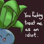 1:1 2021 ambiguous_gender brown_background dialogue elemental_creature english_text flora_fauna generation_1_pokemon nintendo nohtuy18 oddish open_mouth plant pokemon pokemon_(species) profanity reaction_image simple_background solo text