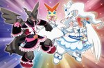 ambiguous_gender anthro black_clothing blue_eyes bottomwear clothing feathers grey_body group jewelry orange_body red_eyes ribbons skirt white_body white_clothing white_feathers on_ice_(artist) nintendo pokemon generation_5_pokemon legendary_pokemon pokemon_(species) reshiram victini zekrom absurd_res hi_res