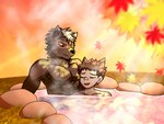 anthro athletic athletic_anthro athletic_male autumn bodily_fluids duo falling_leaves hot_spring male male/male onsen partially_submerged romantic romantic_couple steam sweat tokyo_houkago_summoners water dragokaizer666 lifewonders tokyo_afterschool_summoners bandaid_protagonist_(tas) protagonist_(tas) tadatomo_(tas) canid canine canis domestic_dog human mammal 4:3 hi_res