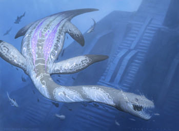 ambiguous_gender bubble feral grey_body group imminent_vore open_mouth sharp_teeth size_difference swimming tail teeth temple underwater water john_tedrick hasbro magic:_the_gathering wizards_of_the_coast aquatic fish plesiosaur prehistoric_species reptile scalie shark 2022 absurd_res hi_res official_art