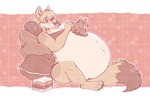 4_toes 5_fingers anthro barefoot belly big_belly big_breasts bra breasts clothing feet female fingers fur ginormous_belly hair hindpaw huge_belly humanoid_hands navel outie_navel panties paws pillow pregnant pregnant_anthro pregnant_female sitting smile solo tail toes underwear blizzieart sandra_(foxcall) canid canine canis coyote mammal 2025 hi_res
