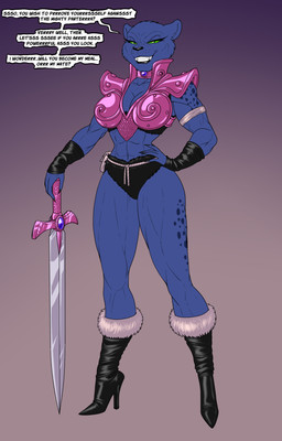 anthro arm_warmers armor armwear black_lips blue_body blue_fur boots clothing collar dialogue female footwear fur fur_clothing fur_trim_(clothing) gem gradient_background green_eyes grin grinning_at_viewer hand_on_hip high_heeled_boots high_heels holding_melee_weapon holding_object holding_sword holding_weapon lips melee_weapon muscular muscular_female shoes simple_background smile smiling_at_viewer solo speech_bubble sword text weapon crovirus legends_of_dragonore pantera_(legends_of_dragonore) felid mammal pantherine english_text hi_res