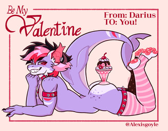 anthro ass_up blue_body butt butt_focus choker clothed clothing crossdressing dessert femboy food freckled_face freckled_hips freckled_shoulders freckles glistening_eyelids hair holidays ice_cream jewelry legwear male necklace pink_hair red_eyes shark_tail solo thigh_highs tuft valentine's_day_card alexisgoyle mythology valentine's_day aquatic bat dragon fish mammal mythological_creature mythological_scalie scalie shark absurd_res hi_res