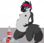 anthro areola belly belly_expansion belly_inflation beverage big_belly big_breasts biped black_body black_fur black_hair bottle breasts candy container dessert expansion female food fur grey_body grey_fur hair inflation kneeling magenta_hair multicolored_hair navel nipples nude open_mouth purple_eyes simple_background soda solo stuffing teeth flecks coca-cola mentos canid canine fox mammal 2017 digital_media_(artwork) hi_res