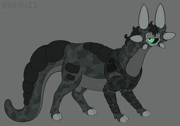 1_eye 6_ears animal_genitalia black_mane black_sclera black_scutes camo_body cloven_hooves countershade_tail countershade_torso countershading dewclaw_hooves feral fully_sheathed genitals grey_background grey_body grey_countershading hooves lidded_eyes long_tail looking_at_viewer male mane mouthless multi_ear quadruped science_fiction scutes sheath simple_background slightly_chubby slightly_chubby_feral slightly_chubby_male solo standing tail teal_eyes text thick_neck thick_tail three-quarter_view toony unguligrade unusual_ears emionix cegavki lurkerbeast omnitope 2025 absurd_res artist_name digital_drawing_(artwork) digital_media_(artwork) flat_colors full-length_portrait gimp_(artwork) hi_res portrait nonbinary_(lore) young_(lore)