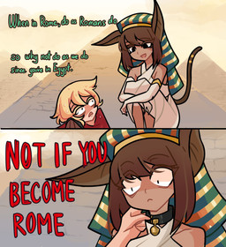 accessory armwear bell bell_collar brown_hair cat_tail clothing collar dehydration dialogue duo egyptian egyptian_architecture egyptian_clothing egyptian_headdress elbow_gloves female furgonomics gloves hair handwear nemes pointy_ears prick_ears pyramid red_clothing roman_soldier tail tail_accessory text centurii-chan_(artist) bastet_(centurii-chan) centurii-chan animal_humanoid cat_humanoid felid felid_humanoid feline feline_humanoid human humanoid mammal mammal_humanoid absurd_res comic english_text hi_res