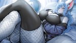 5_fingers anthro bed bedroom big_breasts black_clothing blue_clothing blue_eyes blue_hair blush breasts circle_eyebrows clothing collar crossed_legs detailed_background ear_tuft eye_through_hair eyebrows eyelashes eyelashes_through_hair female fingers fishnet_clothing fishnet_legwear fishnet_stockings fur furniture hair hand_on_belly inner_ear_fluff jacket jacket_vest legwear long_hair long_tail looking_at_viewer lying mouth_closed pink_nose shirt sleveless_shirt solo tail tank_top thick_eyebrows thick_thighs thigh_highs topwear translucent translucent_hair tuft vest white_body white_fur suurin_2 wynter_storm(wynterstxrm) arctic_fox canid canine canis fox mammal true_fox 16:9 2025 detailed digital_drawing_(artwork) digital_media_(artwork) hi_res shaded signature widescreen