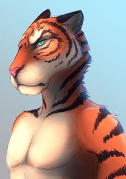 angry anthro blue_eyes fur inner_ear_fluff male multicolored_body multicolored_fur orange_body orange_fur pink_nose solo stripes tuft white_inner_ear_fluff chaosthief felid mammal pantherine tiger portrait