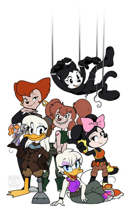 accessory anthro aviator_goggles bottomwear bow_ribbon braces camo camo_clothing camo_print clothing female fingerless_gloves gloves group hair hair_accessory hair_bow hair_ribbon handwear hanging_from_ceiling parody pattern_clothing pigtails ponytail prosthetic prosthetic_limb ribbons shorts spy catbeecache finimun chip_'n_dale_rescue_rangers disney ducktales ducktales_(2017) goof_troop house_of_mouse daisy_duck della_duck gadget_hackwrench minnie_mouse ortensia oswald_the_lucky_rabbit peg_pete pistol_pete anatid anseriform avian bird canid canine canis domestic_cat domestic_dog duck felid feline felis mammal mouse murid murine rodent absurd_res hi_res daughter_(lore) mother_(lore) mother_and_child_(lore) mother_and_daughter_(lore) parent_(lore) parent_and_child_(lore) parent_and_daughter_(lore)