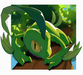 all_fours ambiguous_gender black_eyes border green_body happy looking_at_viewer plant solo tree white_border yellow_sclera rivv nintendo pokemon generation_3_pokemon grovyle pokemon_(species) 2026 absurd_res english_description hi_res