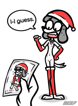 4_fingers ambiguous_gender anthro armwear bangs black_collar black_eyes black_text bodily_fluids breasts christmas_clothing christmas_headwear claws clothing collar collar_tag dialogue disembodied_hand duo eyebrow_through_hair eyebrows eyelashes faceless_ambiguous faceless_anthro faceless_character fangs female female_anthro female_focus finger_claws fingers floppy_ears fur genitals gesture grey_body grey_fur grey_hair hair hand_gesture hand_on_hip hand_on_own_hip hands_behind_head hat headgear headwear heart_symbol hearts_around_head holding_photo holidays humanoid_genitalia humanoid_vulva legwear mostly_nude mostly_nude_anthro mostly_nude_female multicolored_armwear multicolored_body multicolored_clothing multicolored_fur multicolored_legwear navel nervous nervous_sweat nipples open_mouth photo pink_nipples pink_tongue pointing pointing_at_self red_armwear red_clothing red_hat red_headwear red_legwear santa_hat sitting small_breasts snout solo_focus spread_legs spreading stuttering sweat tail talking_to_another teeth text tongue translucent translucent_hair two_tone_armwear two_tone_body two_tone_clothing two_tone_fur two_tone_hat two_tone_legwear vulva white_armwear white_body white_clothing white_fur white_hat white_headwear white_legwear wide_eyed c.dash37 christmas fifi_(somemf) canid canine canis domestic_dog mammal poodle 2025 absurd_res artist_name english_text hi_res