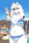 accessory anthro belly bikini bikini_bralette breasts brown_body brown_eyes brown_fur chest_tuft circle_eyebrows clothing colored_edge_bikini dessert duo eyebrow_through_hair eyebrows eyewear female food frilly frilly_bikini frilly_clothing frilly_swimwear fur glasses hair hair_accessory ice_cream ice_cream_cone kemono medium_breasts midriff multicolored_body multicolored_fur navel open_mouth open_smile pattern_bikini pattern_clothing pattern_swimwear side-tie_bikini side-tie_clothing side-tie_swimwear size_difference sky slightly_chubby small_breasts smile string_bikini striped_bikini striped_clothing striped_swimwear stripes swimwear tongue tongue_out translucent translucent_hair tuft two-piece_swimsuit two_tone_body two_tone_fur white_body white_fur kikurage inukoro_(kikurage) edoya kusuda_korone canid canine canis domestic_dog mammal 2024 hi_res