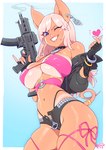 animal_ears big_breasts bikini bikini_top blue_eyes bodily_fluids bottomwear bracelet breasts clothed clothing collar curled_tail ear_piercing ear_ring female fingerless_gloves gloves grin gun hair handwear heart_symbol holding_gun holding_object holding_ranged_weapon holding_submachine_gun holding_weapon hotpants jacket jewelry looking_at_viewer low-angle_view minishorts one_eye_closed piercing ranged_weapon ring_piercing shorts skimpy smile smoking_gun snapping_fingers solo standing submachine_gun suntan sweat swimwear tail tan_line thong_straps topwear two-piece_swimsuit unbuttoned_shorts weapon wink kajinman journey_to_the_west zaiyuki rose_(zaiyuki) zhu_bajie animal_humanoid humanoid mammal mammal_humanoid pig_humanoid suid suid_humanoid suina suina_humanoid tailed_humanoid 2023