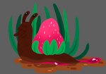 black_eyes brown_body candy chocolate dessert eyestalks food fruit grass green_body grey_background pink_body plant simple_background slime strawberry claragonza3 food_creature gastropod mollusk snail 2022 digital_media_(artwork) hi_res