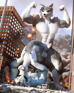 anthro balls city city_destruction curling_toes destruction dominant duo erection feet fire flexing flexing_bicep flexing_both_biceps flexing_muscles foot_fetish foot_on_face foot_play foot_sniffing genitals holding_leg macro male male/male male_dominating_male micro muscular muscular_male penis rampage smoke sniffing toes tongue tongue_out vehicle worship bigkami canid canine canis mammal wolf 2026 3d_(artwork) blender_(artwork) digital_media_(artwork) hi_res